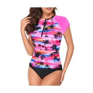 NWT Holipick 2pc Rash Guard Swimsuit Pink Coconut Tree UPF 50 Zip Top Set